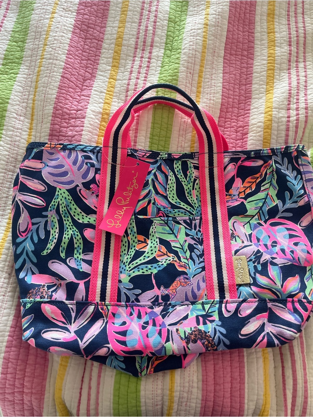 Lilly Pulitzer Navy Multi Tropical Print Canvas Tote with Pink Straps